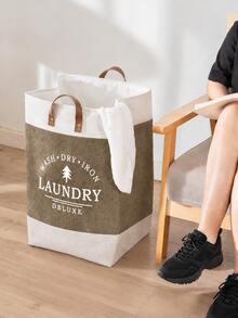 1pc Linen Large Capacity Laundry Basket , Clothes Patchwork Letter Printing Collapsible Laundry Basket With Leather Handles ,For Storage Toys And Clothing In Bedroom, Bathroom Foldable Laundry Hamper,Country Style,53L Large Capacity - Beige - View 4