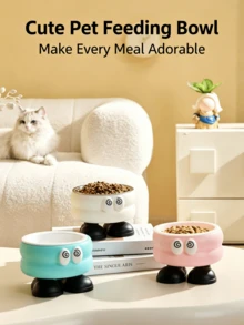 1pc Elevated Pet Bowl With Neck Protection, Anti-Slip Raised Cat Dog Bowl, Cute Cartoon Stainless Steel Food Dish, Anti-Tip Design For Small Pets - 400ml - View 2