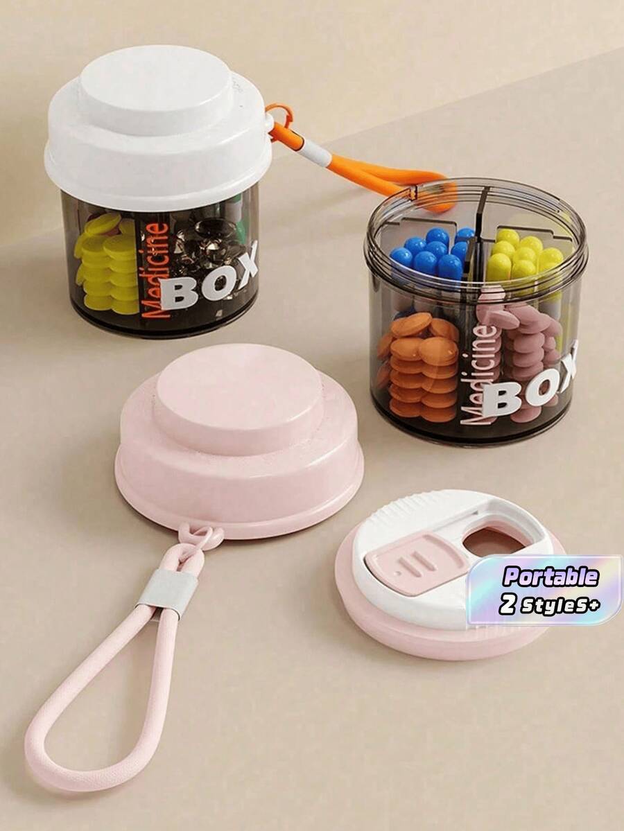 1pc Portable Sealed Pill Box, Travel Essential, Mini Multi-Functional Pill Storage Box, Moisture-Proof, Unisex, White And Pink (Lid, Lanyard Style And Color Random) - Multicolor - View 1