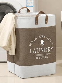 1pc Linen Large Capacity Laundry Basket , Clothes Patchwork Letter Printing Collapsible Laundry Basket With Leather Handles ,For Storage Toys And Clothing In Bedroom, Bathroom Foldable Laundry Hamper,Country Style,53L Large Capacity - Beige - View 16
