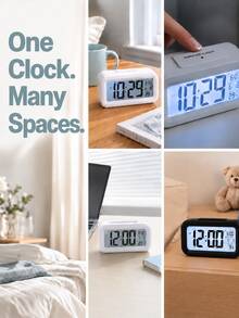 1 st modern multifunktionell digital väckarklocka med tid-, datum- och temperaturdisplay, 12/24-timmarsformat, snooze och nattlampa, skrivbordsklocka för studier och heminredning (batterier ingår ej) - flerfärgad - Visa 2