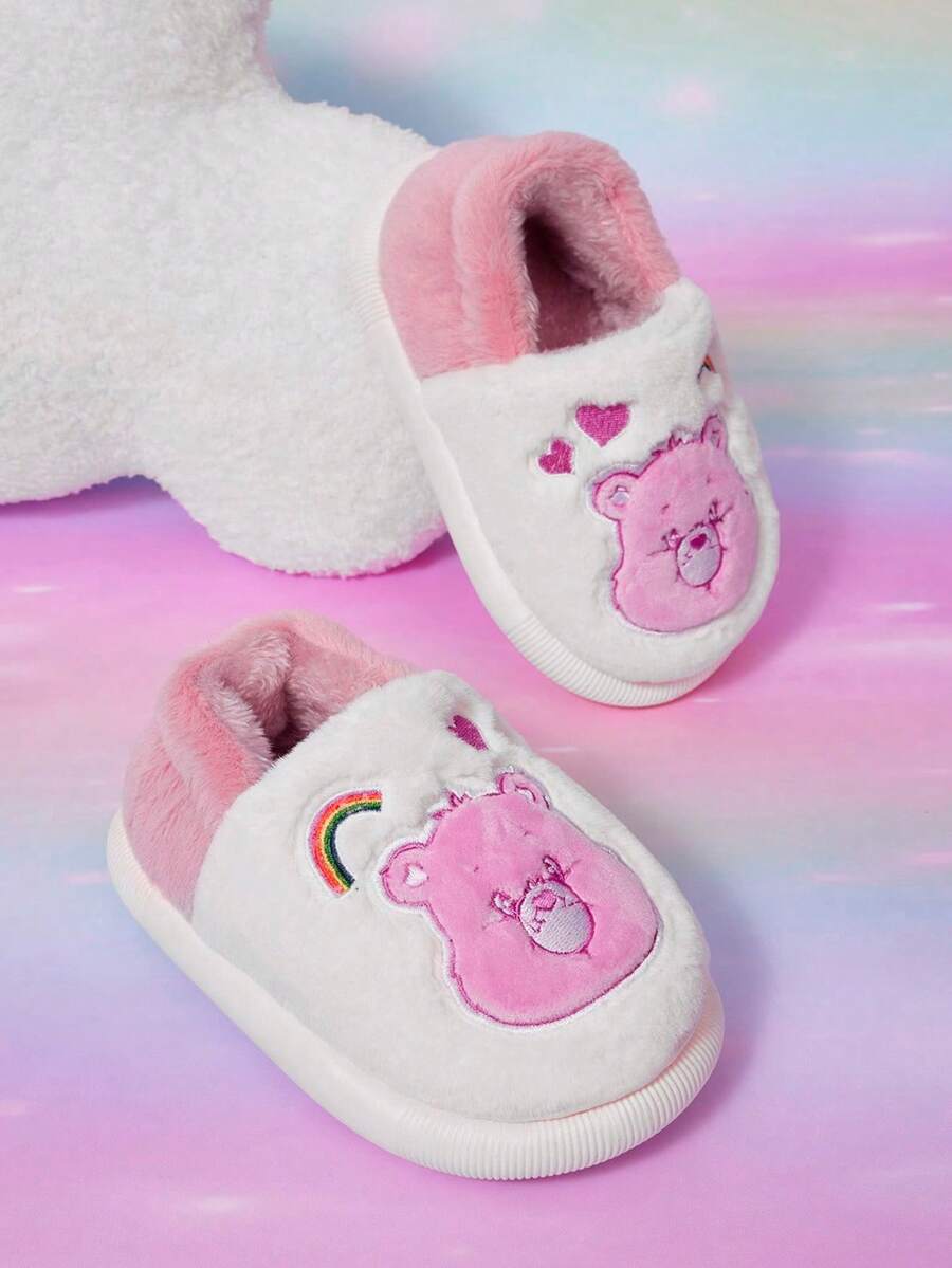SHEIN X Care Bears 秋冬天鵝絨熊熊卡通主題 時尚百搭兒童趣味可愛保暖防滑居家休閒嬰兒拖鞋 - 粉色 - 查看 1