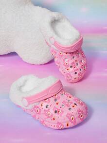 SHEIN X Care Bears Autumn And Winter Plush Lined Warm Cute Fun Cartoon Pattern Fashion Non-Slip Baby Children Clogs - Pink - View 1