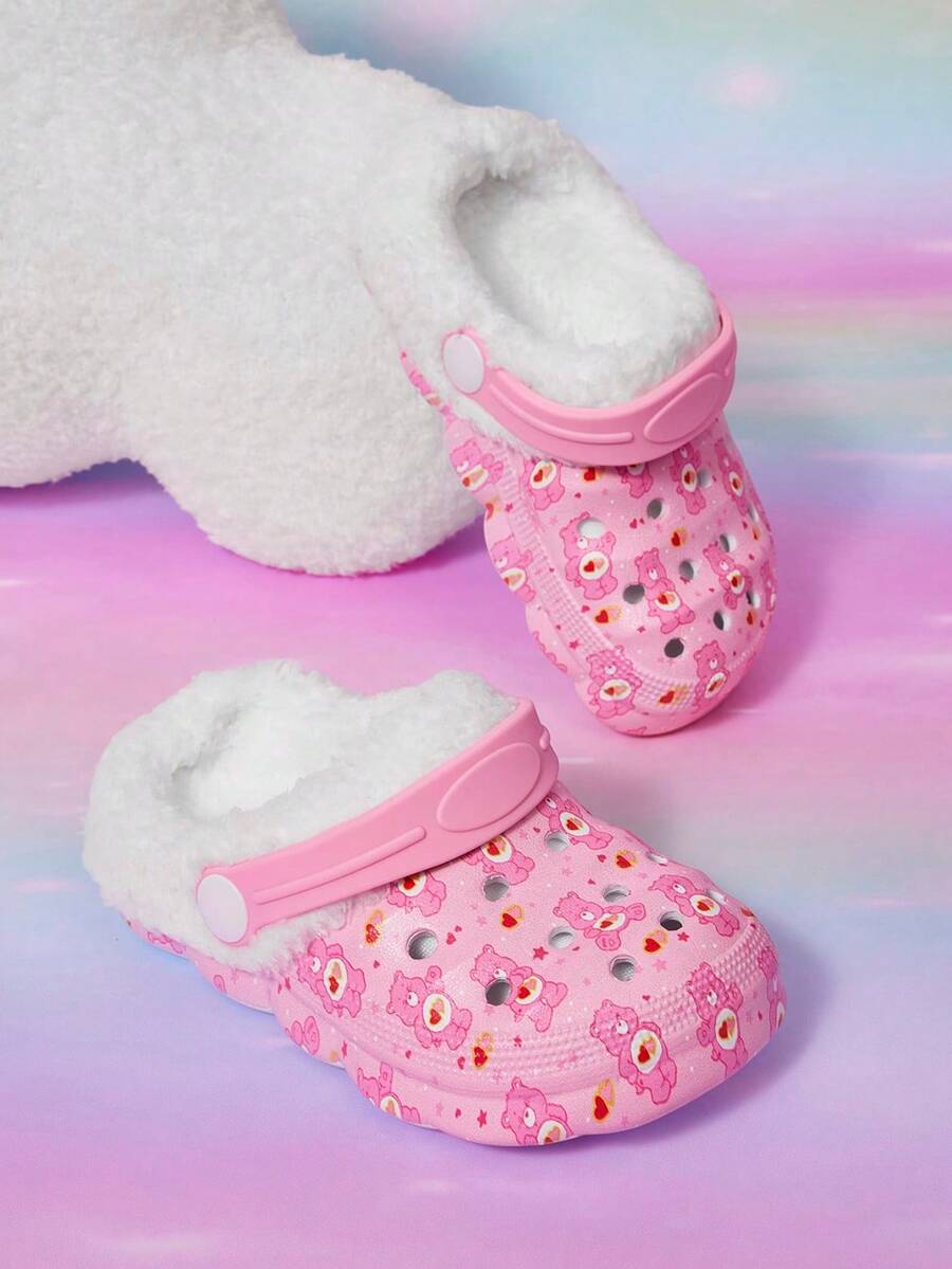 SHEIN X Care Bears Autumn And Winter Plush Lined Warm Cute Fun Cartoon Pattern Fashion Non-Slip Baby Children Clogs - Pink - View 1