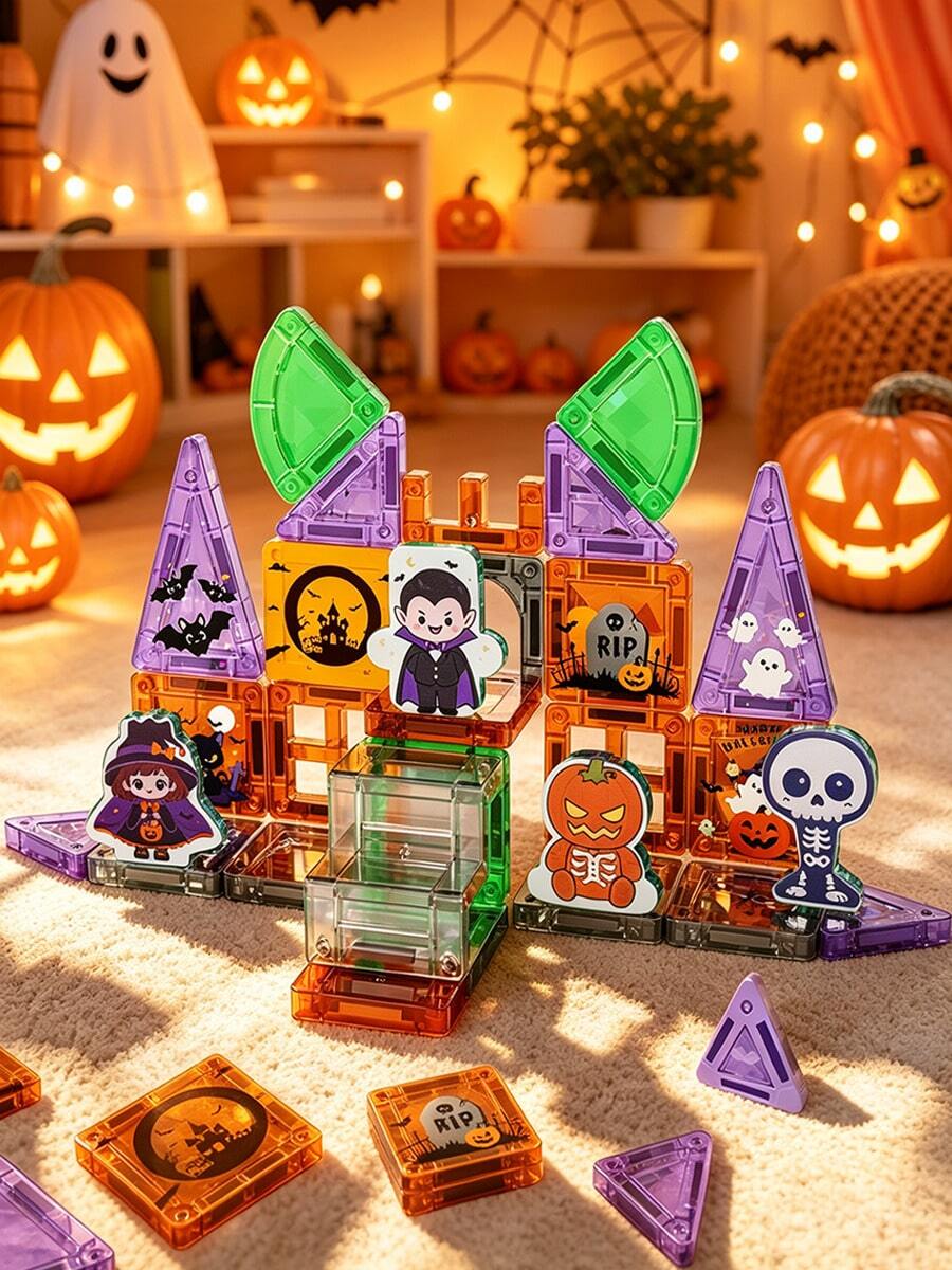 Magnetic Building Cubes Set, Christmas And Halloween Themes Creative Construction Magnetic Tiles Toy, Magnetic Building Blocks, Parent-Child Interactive Stacking Game Toy For Boys And Girls, Preschool STEM Educational Sensory Magnet Toys - Mauve Purple - View 1