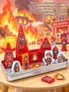 Magnetic Building Cubes Set, Firefighting Theme Creative Construction Magnetic Tiles, Magnetic Building Blocks, Parent-Child Interactive Stacking Game Toy For Boys And Girls,Preschool STEM Educational Sensory Magnet Toys,Christmas And Halloween Gifts - Multicolor - View 3