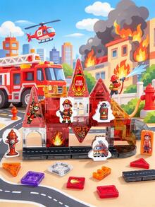 Magnetic Building Cubes Set, Firefighting Theme Creative Construction Magnetic Tiles, Magnetic Building Blocks, Parent-Child Interactive Stacking Game Toy For Boys And Girls,Preschool STEM Educational Sensory Magnet Toys,Christmas And Halloween Gifts - Multicolor - View 1