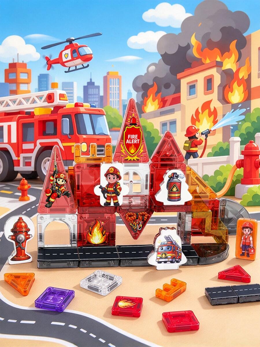 Magnetic Building Cubes Set, Firefighting Theme Creative Construction Magnetic Tiles, Magnetic Building Blocks, Parent-Child Interactive Stacking Game Toy For Boys And Girls,Preschool STEM Educational Sensory Magnet Toys,Christmas And Halloween Gifts - Multicolor - View 1
