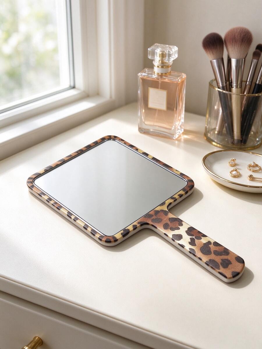 مرآة مكياج محمولة باليد، مرآة يد بطبعة النمر والحمار الوحشي مع مقبض، مرآة يد مربعة كبيرة محمولة للسفر، مرآة يد تجميلية للنساء لتطبيق المكياج، مرآة جمال لطيفة كهدية - متعدد الألوان - مشاهدة 1