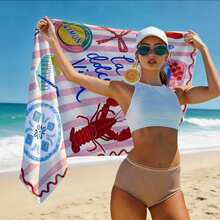 Italian Vacation Style Lobster & Lemon Graffiti Print Ultra-Soft Microfiber Beach Towel, Absorbent Quick-Dry Non-Shedding, Suitable For Beach, Swimming, Vacation, Sand-Free, Summer Essential - A - View 3