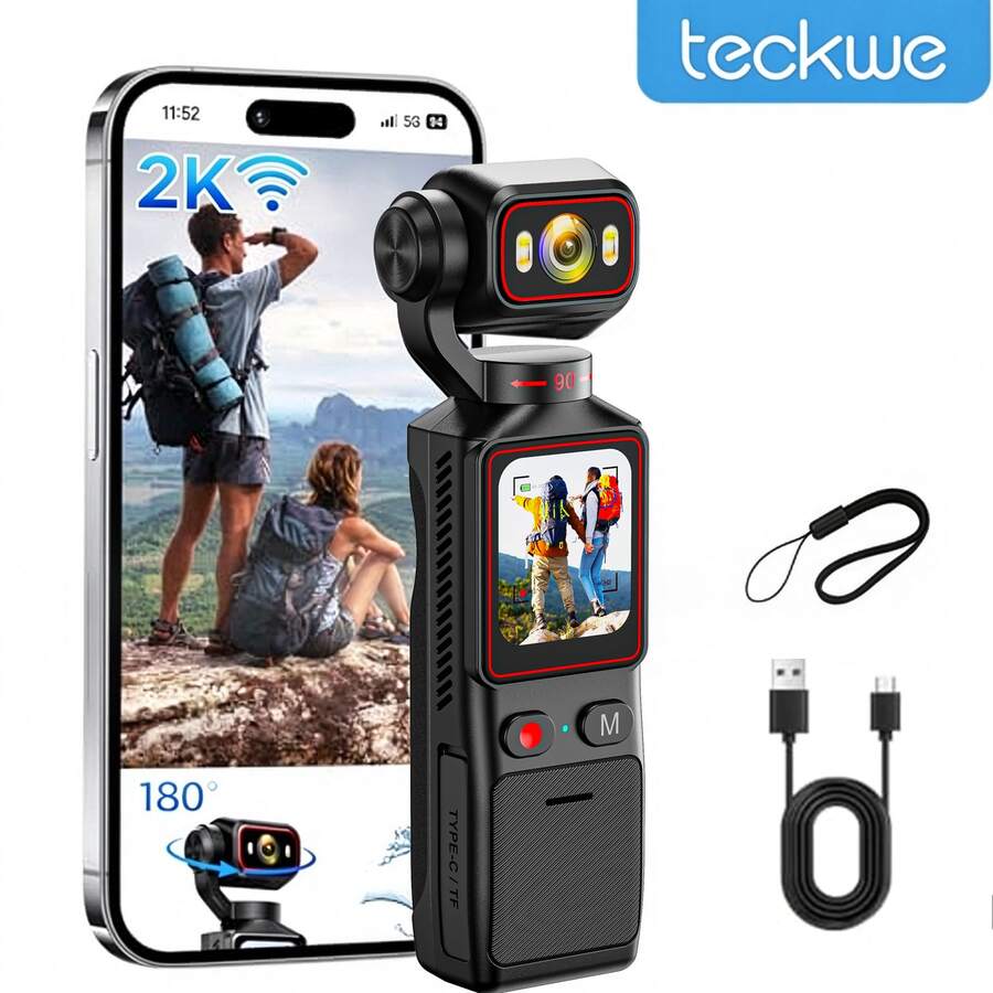 Teckwe 2K HD Pocket Action Camera, 180° Rotatable Lens, WiFi Control, 2000mAh Battery, Timelapse Camera For Outdoor, Cycling, Travel