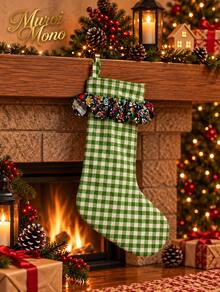 Kaus Kaki Natal Kotak-kotak dengan Hiasan Rumbai Bunga, Kaus Kaki Gantung Natal untuk Rak Perapian, Dekorasi Penyimpanan Hadiah Liburan - 1PC - View 3