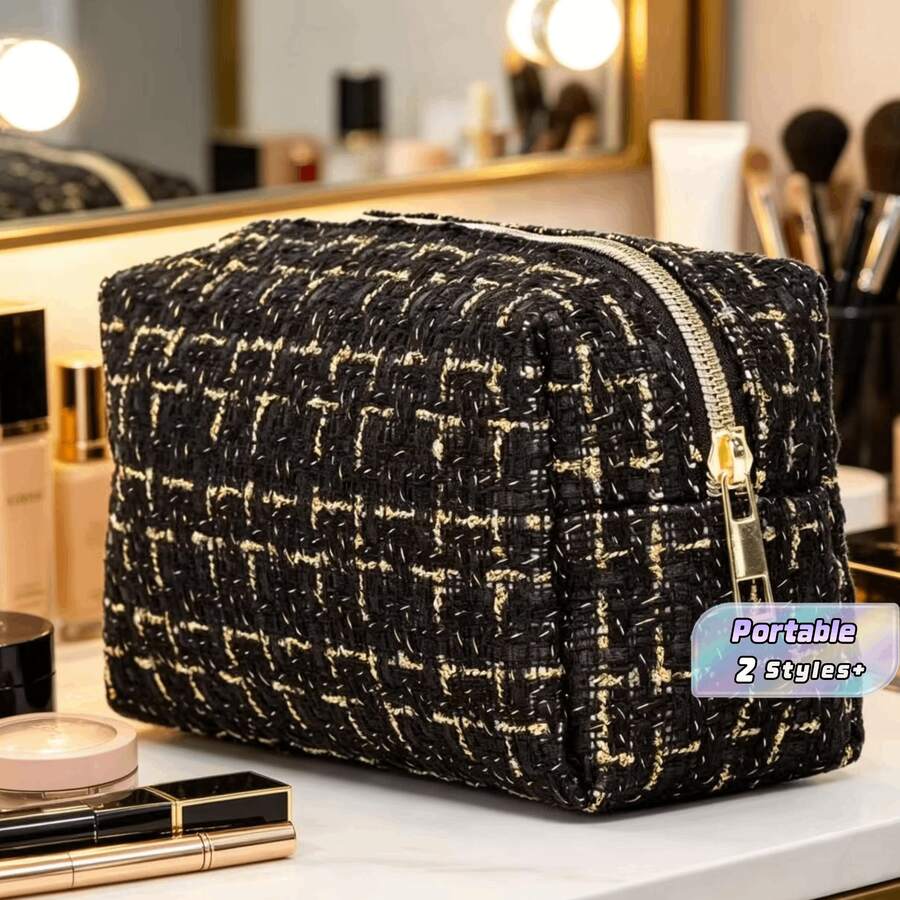 Small Tweed Pencil Case, Large Capacity Stationery Pouch For Students, Portable Travel Storage Bag, Black & White Plaid Makeup Bag, Waterproof Organizer, Back To School & Christmas Gift - xiaoxiangfeng - View 1