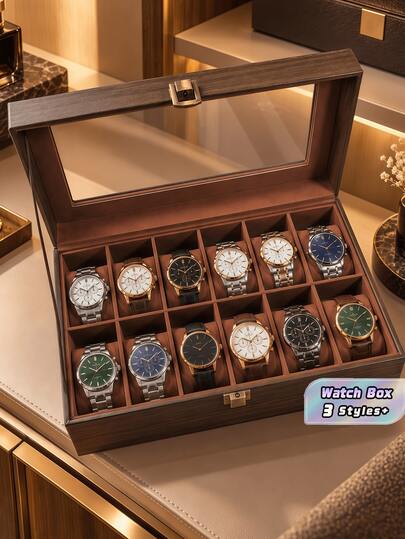 Caja para reloj 1 pieza de piel sintética con tapa de vidrio a prueba de polvo, estuche de exhibición para joyas, pulseras, collares, organizador de almacenamiento con forro de terciopelo para uso doméstico, caja de regalo de colección