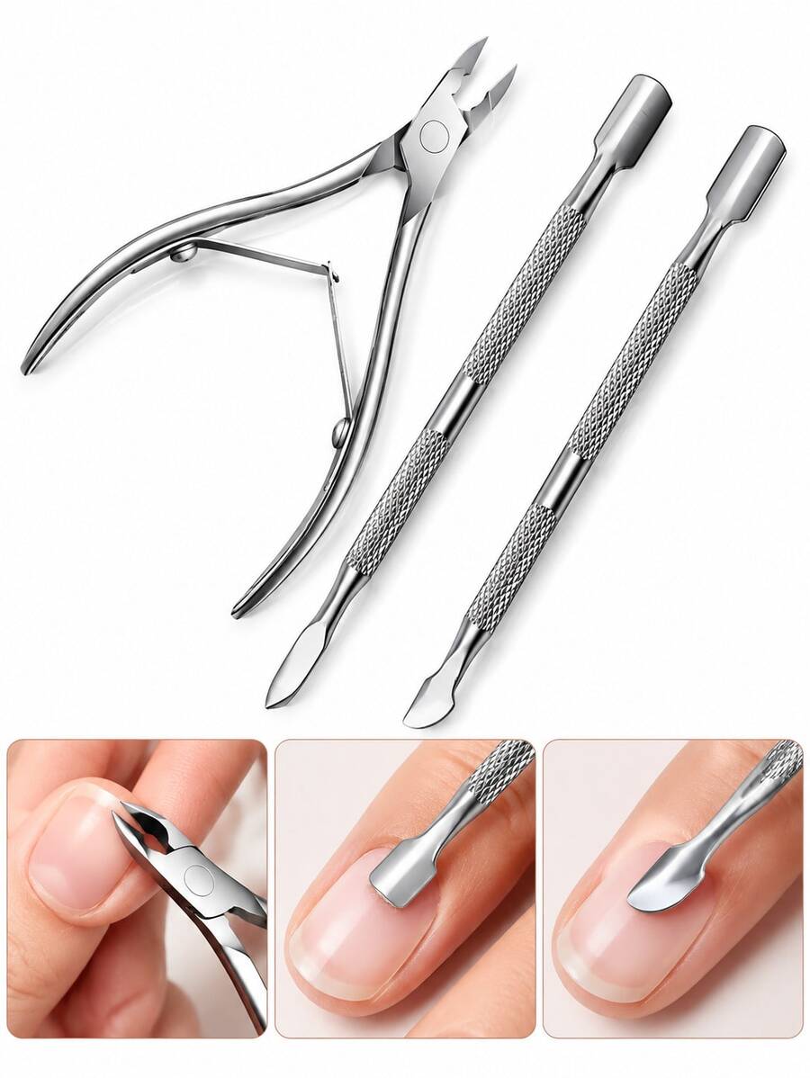3 Set Stainless Steel Cuticle Pusher Remover Nipper Trimmer Professional Nail Tool Kit Salon Home Use Manicure Pedicure Essentials At Home Nail Care Tools - Silver - View 1