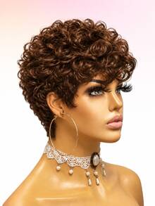 Chic Curly Pixie Cut Wig With Bangs Real Human Hair Short Curly Wave Wig 1B Black Color, 4# Brown Color, 99J Burgundy Color None Lace Front Rose Net Cap Breathable, Perfect For Daily Use, Curly Hair Texture Stylish Haircut Throw On And Go Wig - Multicolor - View 6