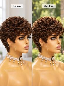 Chic Curly Pixie Cut Wig With Bangs Real Human Hair Short Curly Wave Wig 1B Black Color, 4# Brown Color, 99J Burgundy Color None Lace Front Rose Net Cap Breathable, Perfect For Daily Use, Curly Hair Texture Stylish Haircut Throw On And Go Wig - Multicolor - View 7