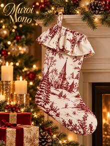 19 Inch Double Layer Christmas Stocking, Vintage Red And White Toile Xmas Stocking With Ruffle Cuff And Hanging Loop, Floral Church Deer And Forest Print Holiday Gift Stocking For Fireplace Mantel And Home Decor - 1PC - View 5