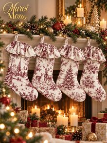 19 Inch Double Layer Christmas Stocking, Vintage Red And White Toile Xmas Stocking With Ruffle Cuff And Hanging Loop, Floral Church Deer And Forest Print Holiday Gift Stocking For Fireplace Mantel And Home Decor - 1PC - View 1