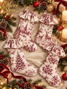 19 Inch Double Layer Christmas Stocking, Vintage Red And White Toile Xmas Stocking With Ruffle Cuff And Hanging Loop, Floral Church Deer And Forest Print Holiday Gift Stocking For Fireplace Mantel And Home Decor - 1PC - View 4