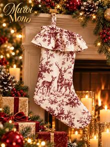 19 Inch Double Layer Christmas Stocking, Vintage Red And White Toile Xmas Stocking With Ruffle Cuff And Hanging Loop, Floral Church Deer And Forest Print Holiday Gift Stocking For Fireplace Mantel And Home Decor - 1PC - View 6