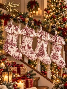 19 Inch Double Layer Christmas Stocking, Vintage Red And White Toile Xmas Stocking With Ruffle Cuff And Hanging Loop, Floral Church Deer And Forest Print Holiday Gift Stocking For Fireplace Mantel And Home Decor - 1PC - View 3