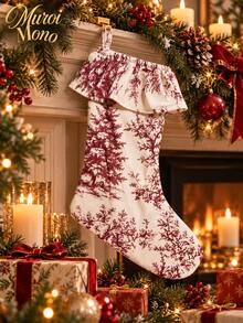 19 Inch Double Layer Christmas Stocking, Vintage Red And White Toile Xmas Stocking With Ruffle Cuff And Hanging Loop, Floral Church Deer And Forest Print Holiday Gift Stocking For Fireplace Mantel And Home Decor - 1PC - View 7