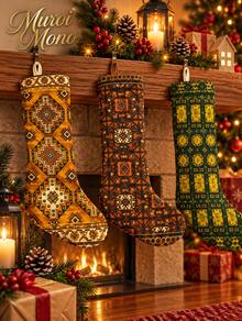 Retro Geometric Print Christmas Stockings, Large Xmas Hanging Socks For Home Fireplace Decor, Christmas Gift Holder - 1PC - View 1