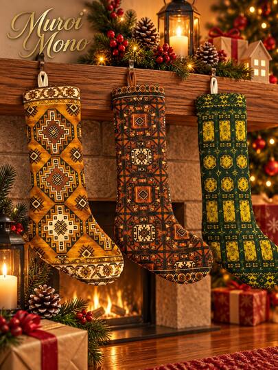 Calcetines navideños con estampado geométrico retro, calcetines colgantes grandes para decoración de chimenea del hogar, soporte para regalos de Navidad