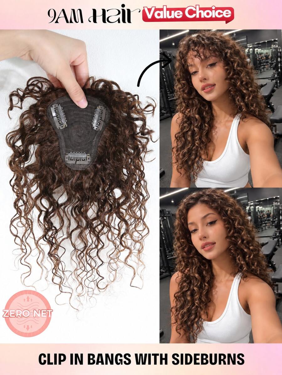 Brown Water Wave Colour Topper Hair With Bangs Human Hair Toppers For Women Clip In Hair Extensions Daily Use Natural Black Halloween Thanksgiving Day Christmas For Party - Multicolor - View 1