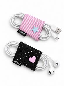 Joivida 1pc Cable Organizer Strap, Cute Decorative Cord Keeper, Portable Earphone Wire Wrapper, Travel Accessory For Charging Cable, Earbud Cord Management, Desk Bag Use, Star Heart Detail Fabric Cable Winder For Daily Storage, Unique Housewarming Gift - default - View 7