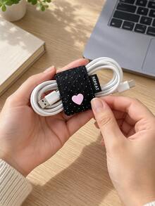 Joivida 1pc Cable Organizer Strap, Cute Decorative Cord Keeper, Portable Earphone Wire Wrapper, Travel Accessory For Charging Cable, Earbud Cord Management, Desk Bag Use, Star Heart Detail Fabric Cable Winder For Daily Storage, Unique Housewarming Gift - default - View 3