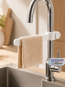 1pc 360° Rotating Faucet Mount Dish Cloth Holder, Plastic Material, White Minimalist Drill-Free Adjustable Kitchen Sink Towel Rack, Space-Saving Quick-Dry Dish Cloth Hanging Rack, Kitchen Storage Use - Multicolor - View 1