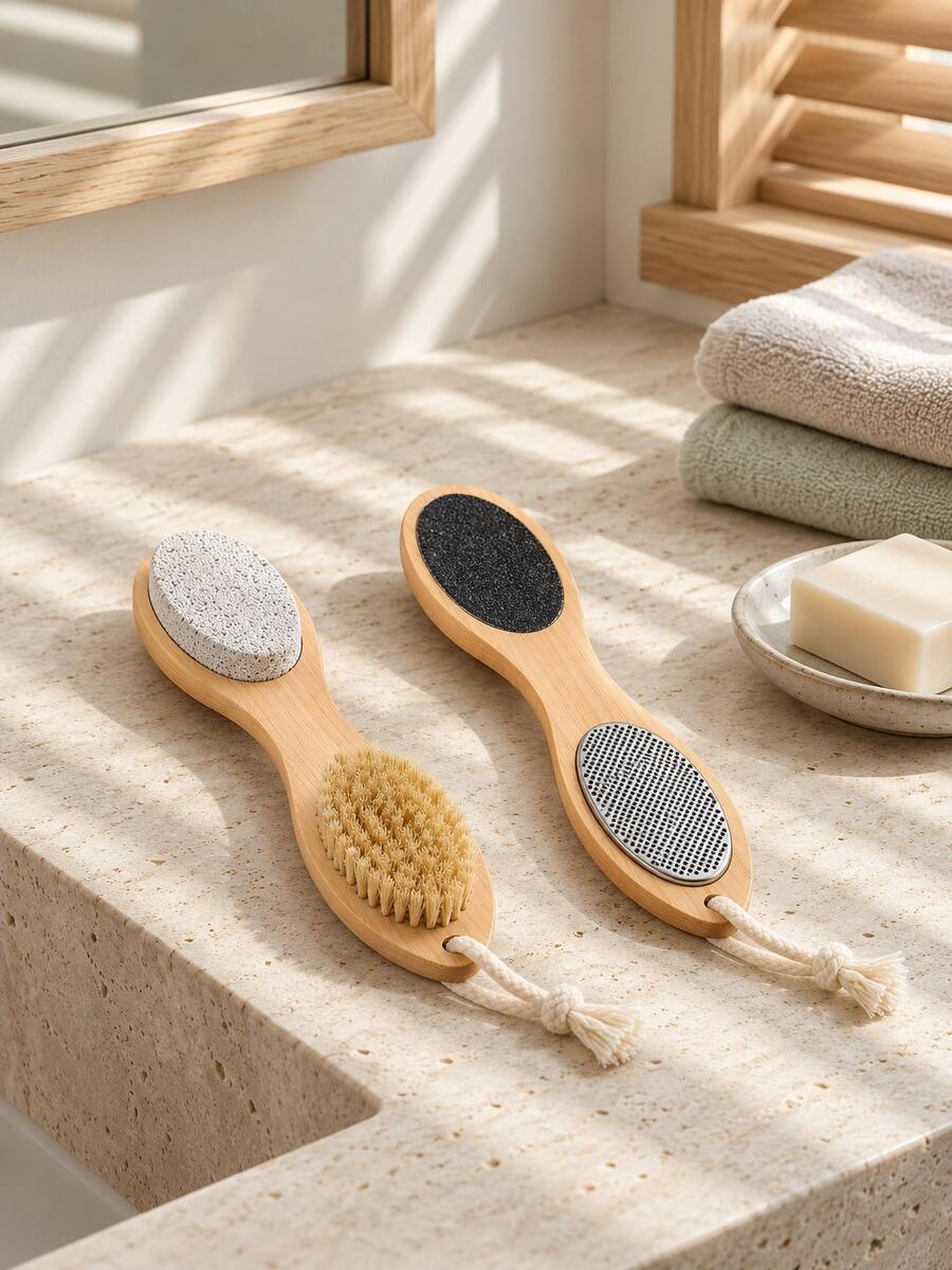 Haus Hana 1pc Multi-Functional 4-In-1 Foot Care Tool With Wooden Handle, Foot Scrub Board, Pumice Stone Foot Wash Brush, Cleans And Removes Dead Skin And Stubborn Calluses, Pedicure Brush, Ideal Household Foot Care Item - multicolor - View 1