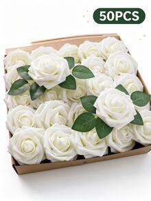 50/25/5 Pieces Pack White Artificial Roses With Stems And 6 Corner Leaves, Realistic Fake Roses, DIY Wedding Bouquets, Bridal, Tabletop And Home Decor, Elegant Floral Arrangements, No Vase Needed - White - View 10
