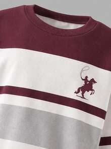 Men's Scoop Neck Sweatshirt Top, Burgundy Striped With Digital Print Logo, Suitable For Autumn/Winter - Multicolor - View 4