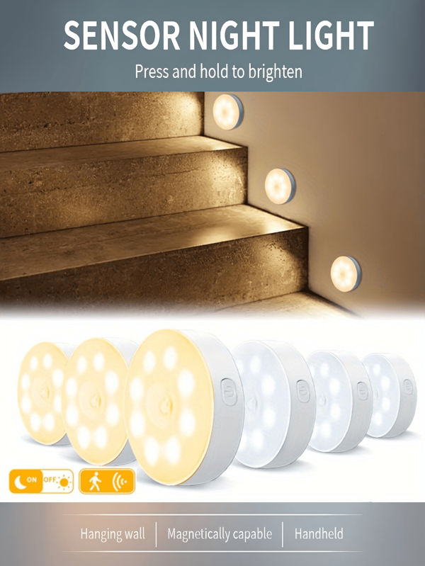 LED Wireless Night Light, 8 Bulbs Solid Color Dimmable USB Rechargeable Reading Lamp, 120° Smart Sensor Motion Activated, Magnetic Detachable, Bedside Bedroom Book Light, Multi-Function Student Night Vision Reading Light, Suitable For Bedroom, Closet, Bedside, Entrance, Corridor, Balcony, Reading Illumination (Warm Light/White Light)