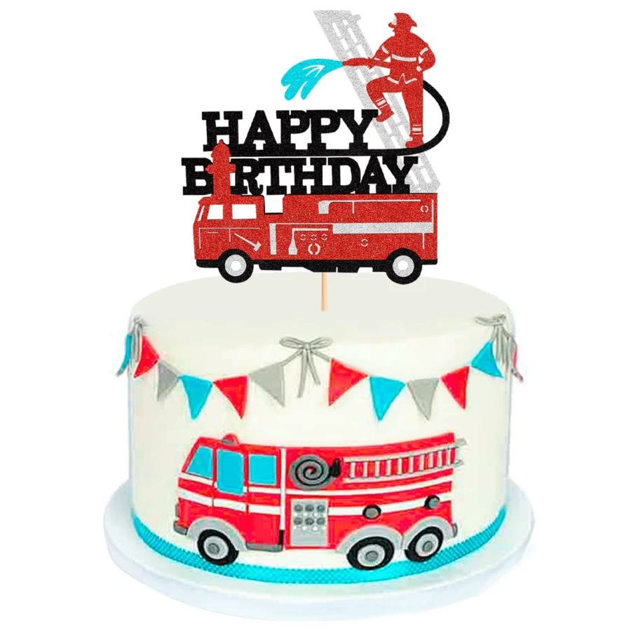 Firefighter Cupcake Toppers, Red Glitter Fire Department Cake Decor, Firefighter Cupcake Wrappers Suitable For Firefighter Themed Baby Shower, Birthday Party Cake Decorations - Multicolor - View 1