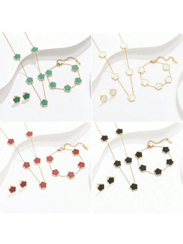 Juego de joyería de 4 piezas de acero inoxidable con nácar de trébol y flor a doble cara: collar, pulsera, pendientes, y colgante de gargantilla minimalista enchapado en oro de 18K, elegante