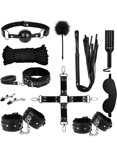 مجموعة عبودية الجنس 11 قطعة، مجموعة عبودية جلدية BDSM، طقم ضبط النفس، مجموعة ألعاب جنسية كاملة، ألعاب جنسية - للنساء والأزواج، منتج SM | مقاس: حجم واحد