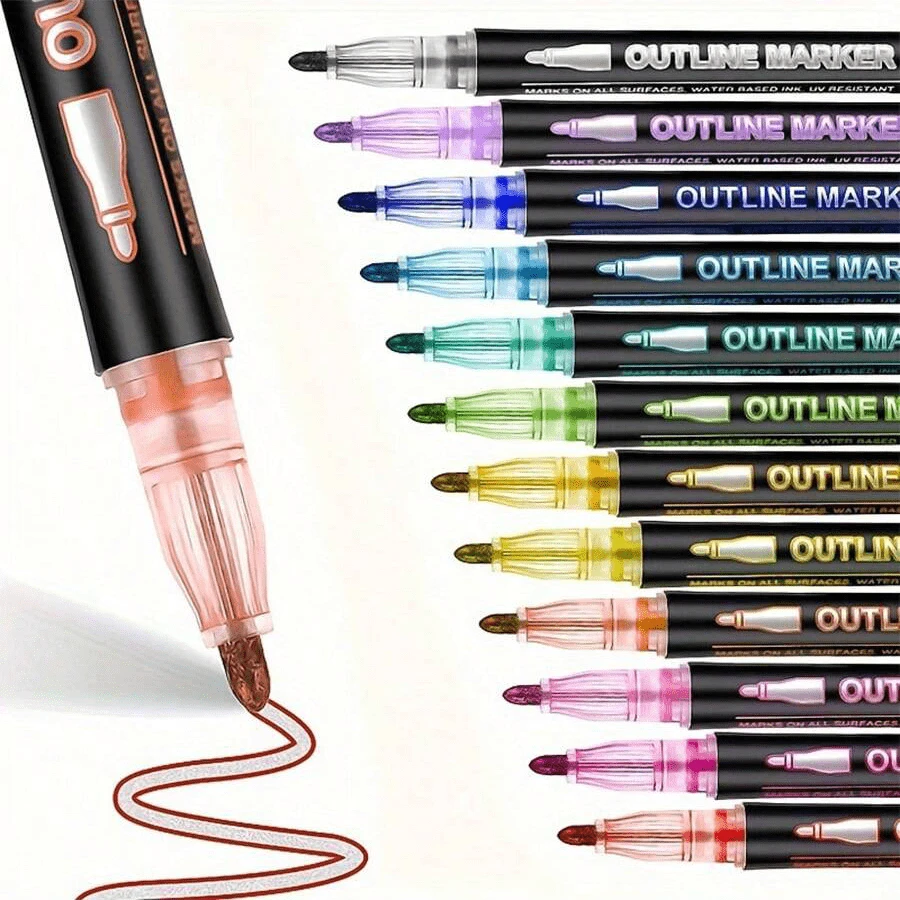 12pcsDouble Line Outline Pen & Dreamy Double Line Pen (24 Color) & Colorful Outline Pen (24 Color) & Fluorescent Graffiti Pen & Metallic Greeting Card Pen, For Greeting Cards, Crafts, Posters, Painting, Diy, Sketching, Journaling And Kids Coloring,Diy Kids,Colouring,Kids Coloring,Back To School - Multicolor - View 1