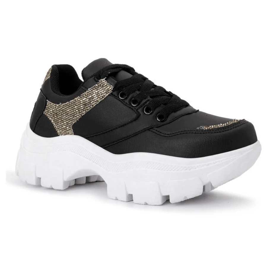 Tênis Chunky Feminino Branco Adulto - Preto Dourado - Visão 1