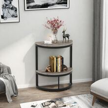 LITTLE TREE Semi-Circle 2-Tier End Table, Compact Half Round Side Table With Storage Shelf, Wood Accent Furniture For Sofa, Bedroom And Other Small Spaces, Rustic Grey - 灰色 - 查看 1