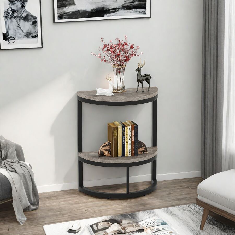LITTLE TREE Semi-Circle 2-Tier End Table, Compact Half Round Side Table With Storage Shelf, Wood Accent Furniture For Sofa, Bedroom And Other Small Spaces, Rustic Grey - 灰色 - 查看 1