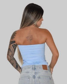 SLIM FIT STRAPLESS STRAPLES TUBE TOP CROPPED BASIC CASUAL TROPICAL PRINT FLOWER FLOWERS COLORFUL CUT OUT AITONA - Màu xanh nhạt - Xem 3