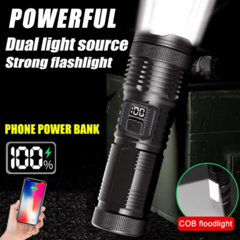1 st ny uppladdningsbar LED-ficklampa med dubbel ljuskälla, zoom och digital display, kraftfull ljusstråle för utomhusbruk