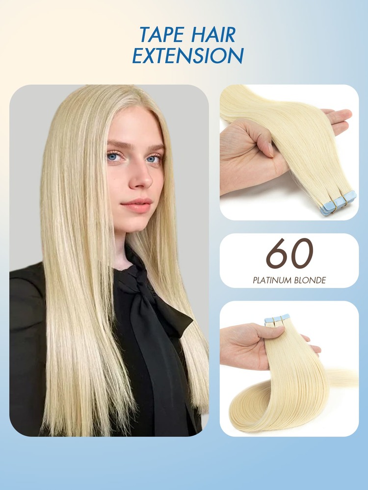 20pcs Tape In Hair Extensions Human Hair Color 60 Platinum Blonde 14-22 Inch 100% Human Hair Invisible Tape In Hair Extensions - Multicolor - View 29