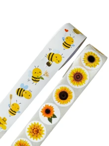 Rollo de 500 pegatinas de abeja de dibujos animados, pegatinas de juguete asimétricas, pegatinas decorativas para cajas de regalo, pegatinas de girasol, suministros escolares, de vuelta a la escuela - Multicolor - Ver 12