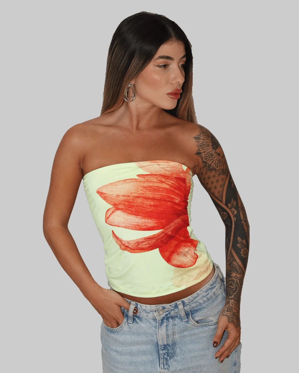 SLIM FIT STRAPLESS STRAPLES TUBE TOP CROPPED BASIC CASUAL TROPICAL PRINT FLOWER FLOWERS COLORFUL CUT OUT AITONA - Yellow - View 1