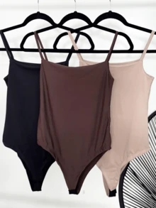 Kit 3 Women's Bodysuit Thin Strap Tank Top Casual Suplex Double Forddo - 黑色/巧克力色/裸色 - 查看 1